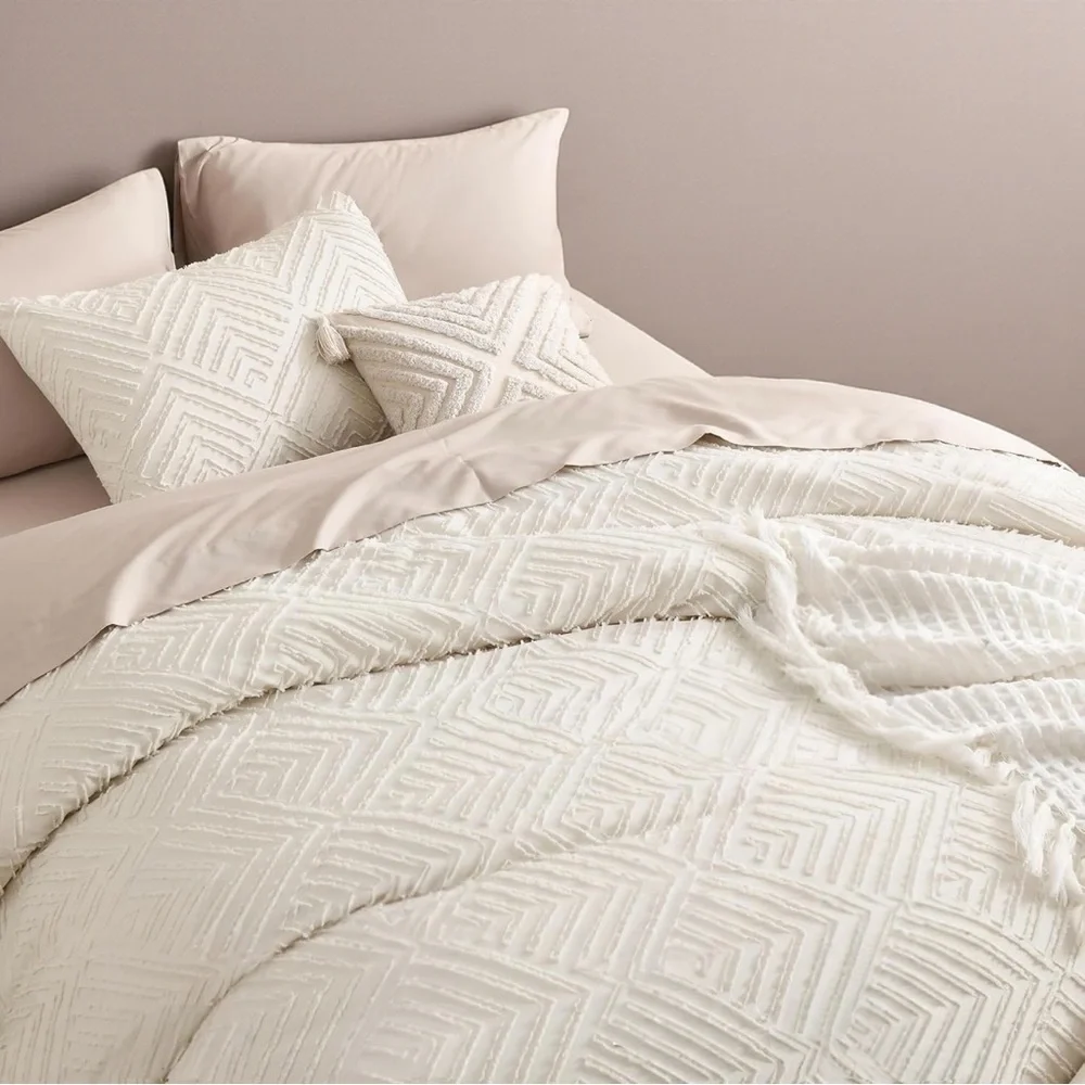 NEW Anthro Beige Diamond Tufted Queen / King Boho Comforter Bedding & Sham Set
